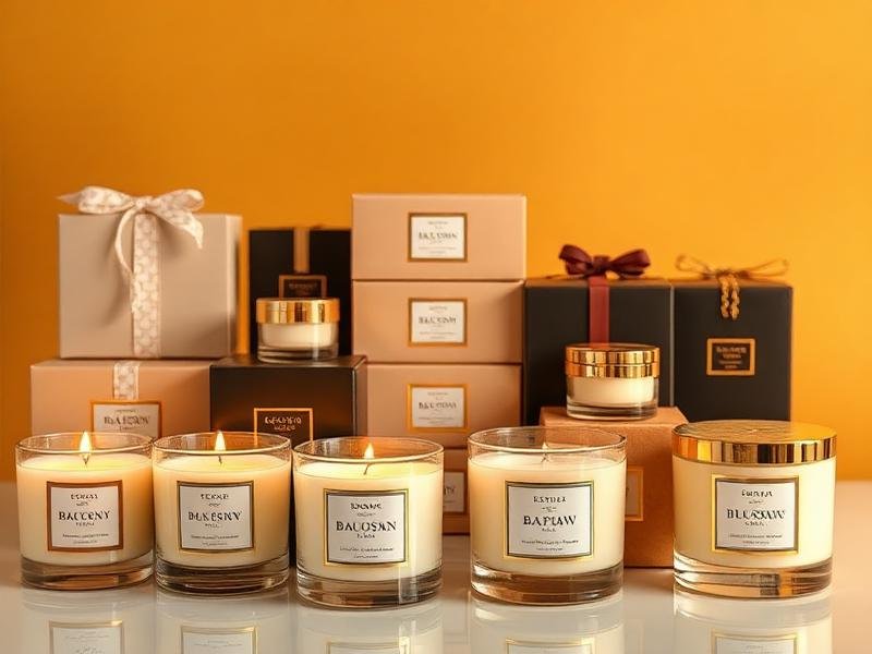 Coleção de velas aromáticas artesanais prontas para venda com embalagens elegantes